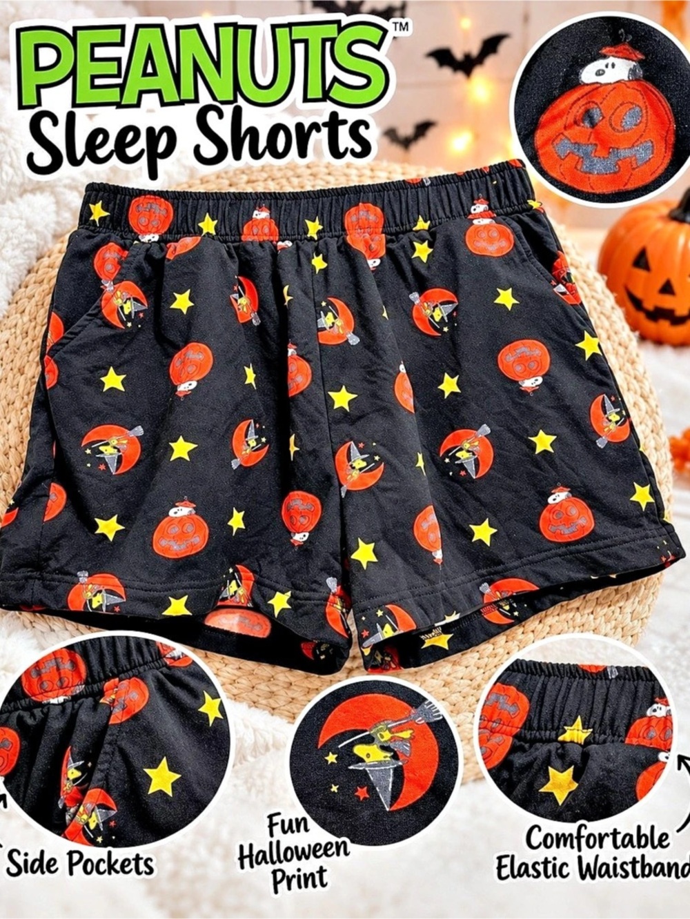 Peanuts Halloween Sleep Shorts Black & Orange Medium NWT